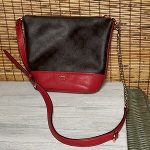 Coach F76668 Signature Monogram Small Paxton Duffle Crossbody Bag Brown Red